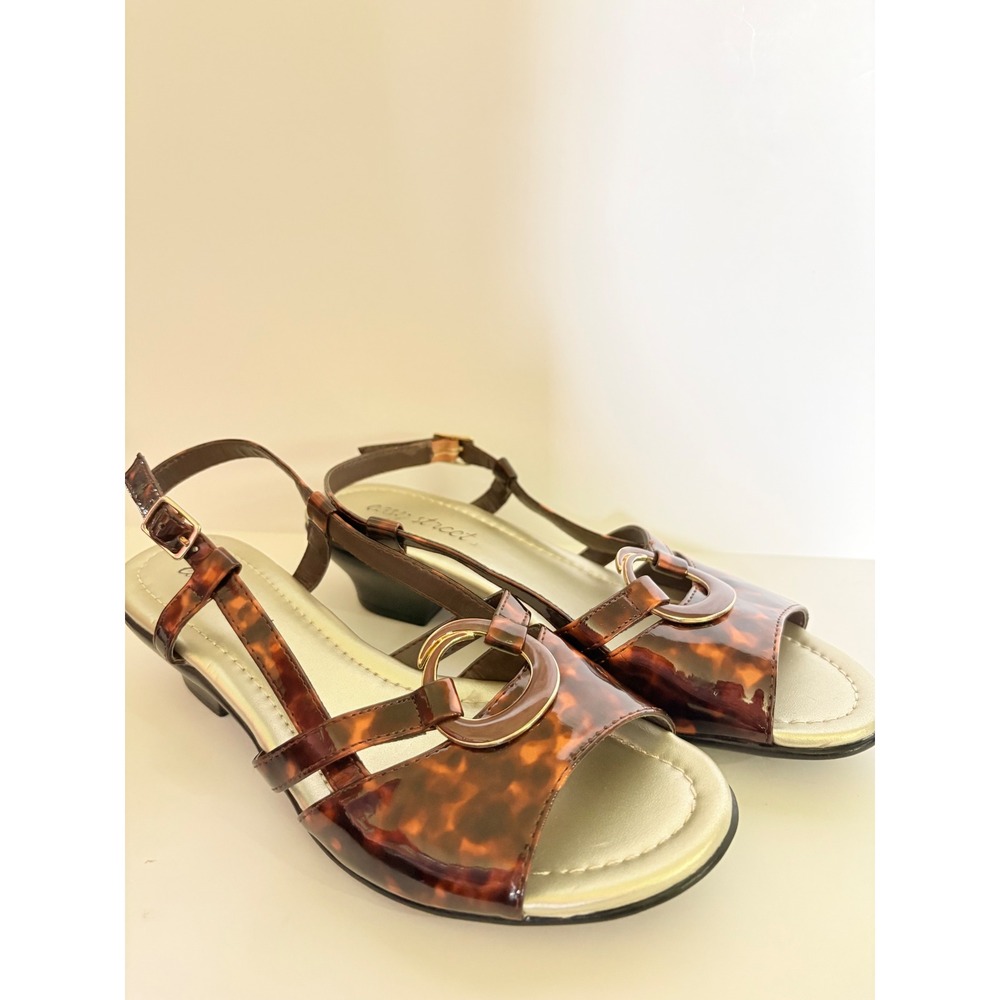 Easy Street Womens Tortoise Shell Slingback Sandals Brown Patent Low Heel Ring